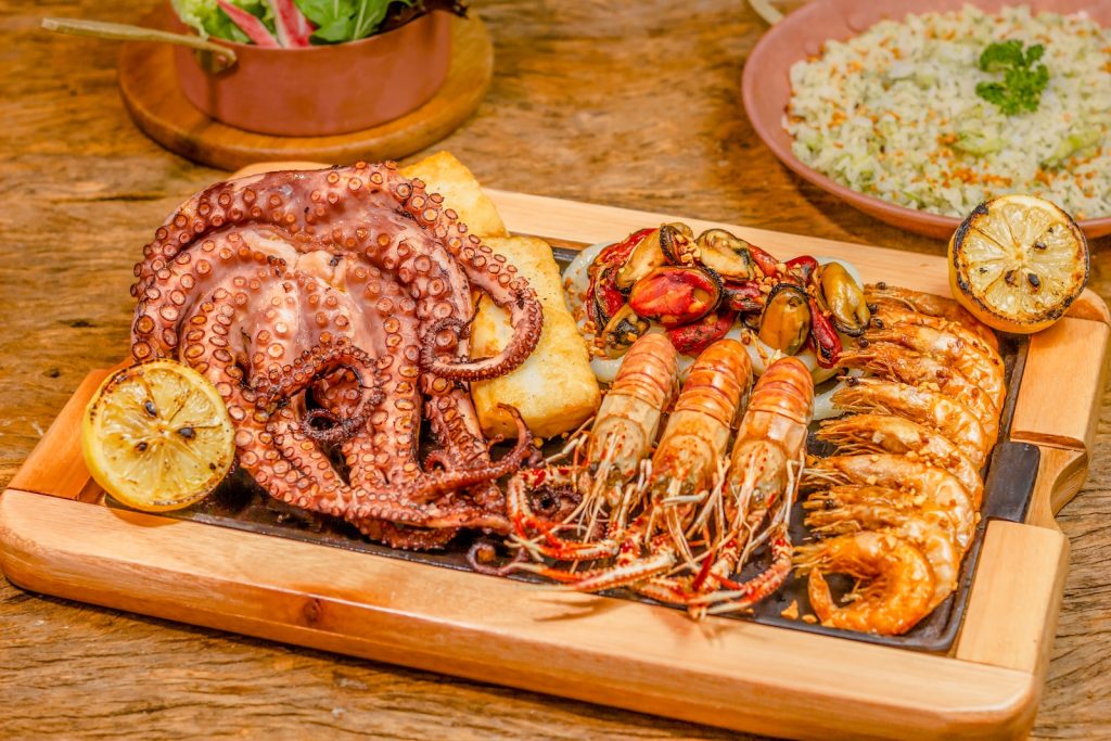 seafood and marine foods on a board 